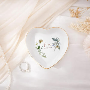 Personalized Wedding Jewelry Dish, Custom Name and Date Plate, Floral Design Keepsake, Engagement or Anniversary Gift for Couple