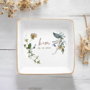 Personalized Wedding Jewelry Dish, Custom Name and Date Plate, Floral Design Keepsake, Engagement or Anniversary Gift for Couple