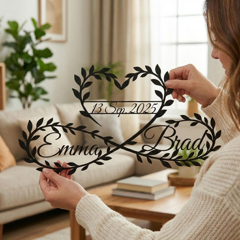 Personalized Infinity Heart Metal Wall Art with Names & Date, Wedding Anniversary Gift