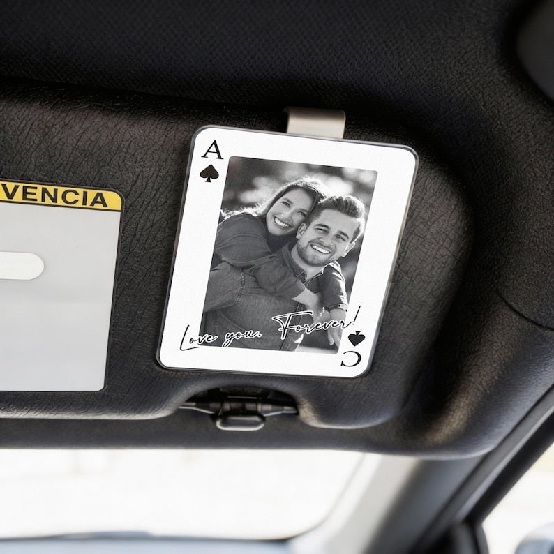 Personalized Couple Photo Car Visor Clip, Drive Safe I Love You, Valentines Gift for Him, Couple Playing Card Visor Clip Gifts for Boyfriend