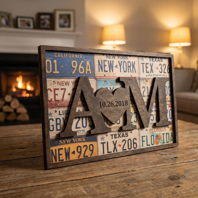 Personalized License Plate Anniversary Wood Sign Custom Date Gift