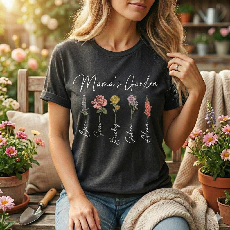 Personalized Birth Flower Shirt, Botanical Family Tee, Mama's Garden Gift