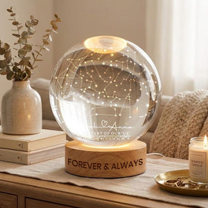 Personalized Night Sky Anniversary Crystal Ball Lamp: Engraved Wood Base Custom Keepsake