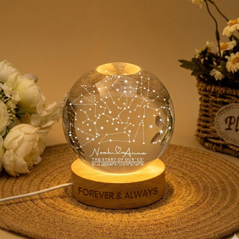 Personalized Night Sky Anniversary Crystal Ball Lamp: Engraved Wood Base Custom Keepsake