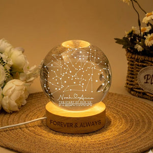 Personalized Night Sky Anniversary Crystal Ball Lamp: Engraved Wood Base Custom Keepsake