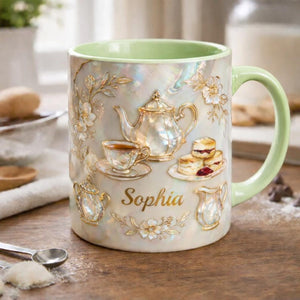 Personalized Tea Lover Mug, Custom Name Coffee Cup, Vintage Floral Teacup Design, Elegant Cozy Aesthetic, Gift for Her