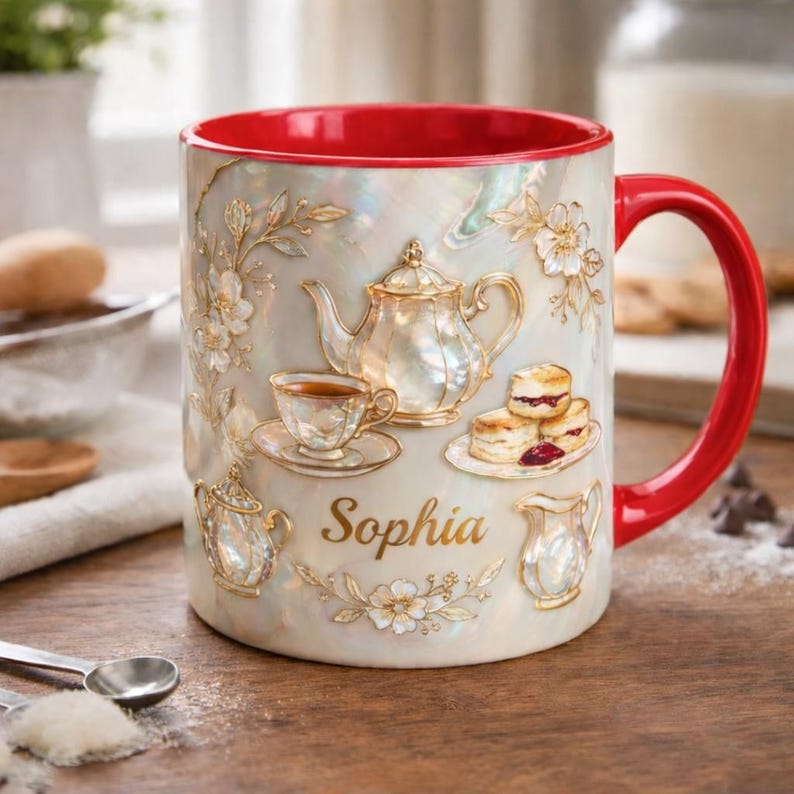 Personalized Tea Lover Mug, Custom Name Coffee Cup, Vintage Floral Teacup Design, Elegant Cozy Aesthetic, Gift for Her