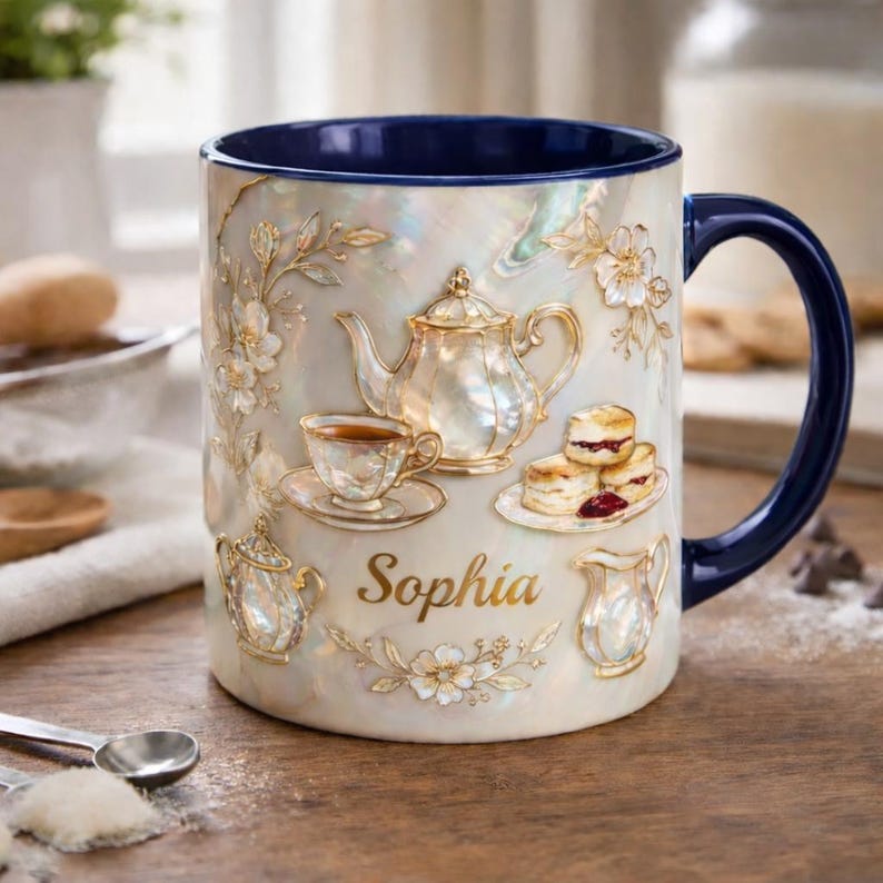 Personalized Tea Lover Mug, Custom Name Coffee Cup, Vintage Floral Teacup Design, Elegant Cozy Aesthetic, Gift for Her
