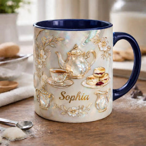 Personalized Tea Lover Mug, Custom Name Coffee Cup, Vintage Floral Teacup Design, Elegant Cozy Aesthetic, Gift for Her