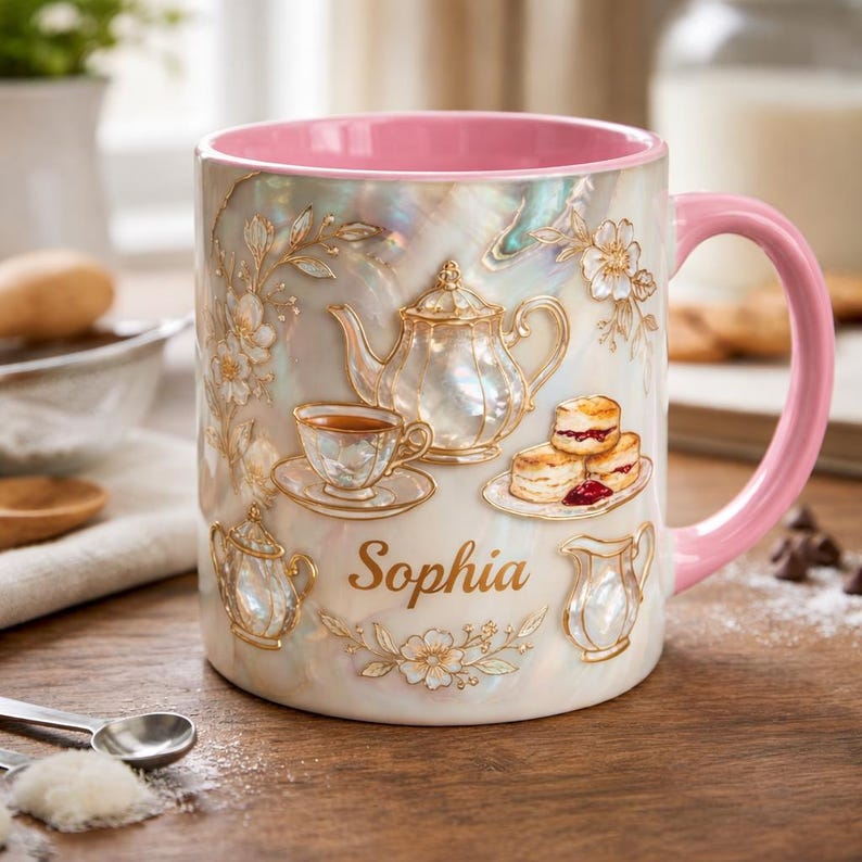 Personalized Tea Lover Mug, Custom Name Coffee Cup, Vintage Floral Teacup Design, Elegant Cozy Aesthetic, Gift for Her