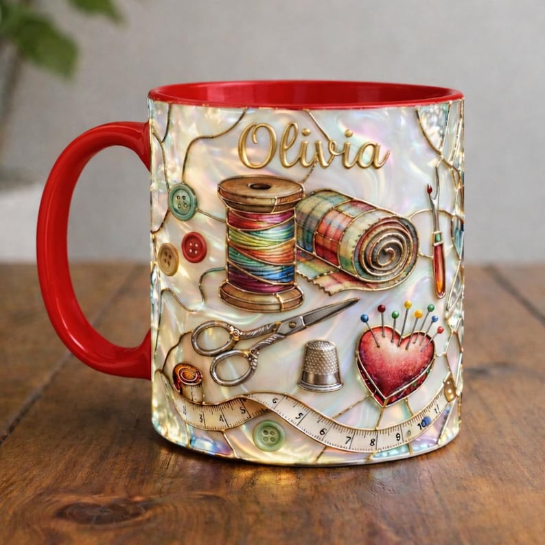 Personalized Sewing Mug, Custom Name Craft Coffee Cup, Quilting & Sewing Tools Design, Cozy Handmade Aesthetic, Gift for Sewers