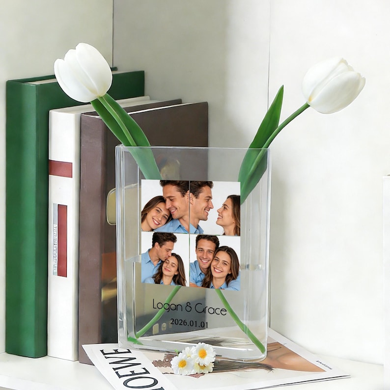 Custom Photo Acrylic Book Vase, Personalized Picture Book Decor,Romantic Valentine s Day Gift for Her or Him, Couple or Anniversary Keepsake