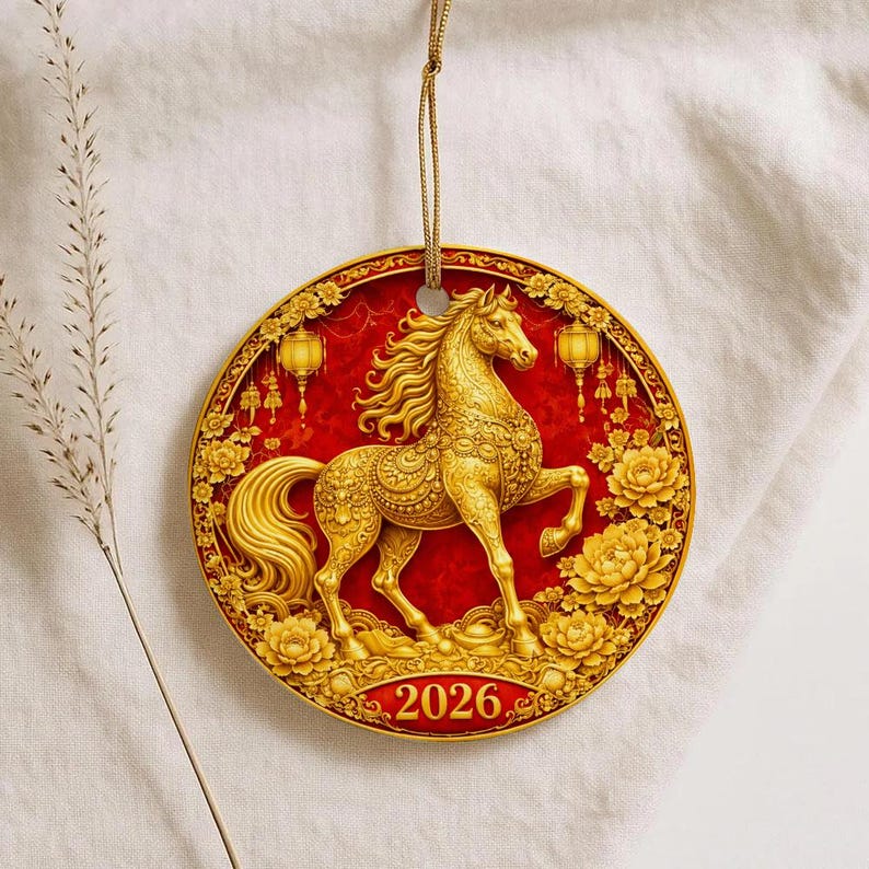 Year of the Fire Horse 2026 Ornament, Chinese New Year Decoration, Lunar New Year Ceramic Keepsake, Zodiac Horse Gift