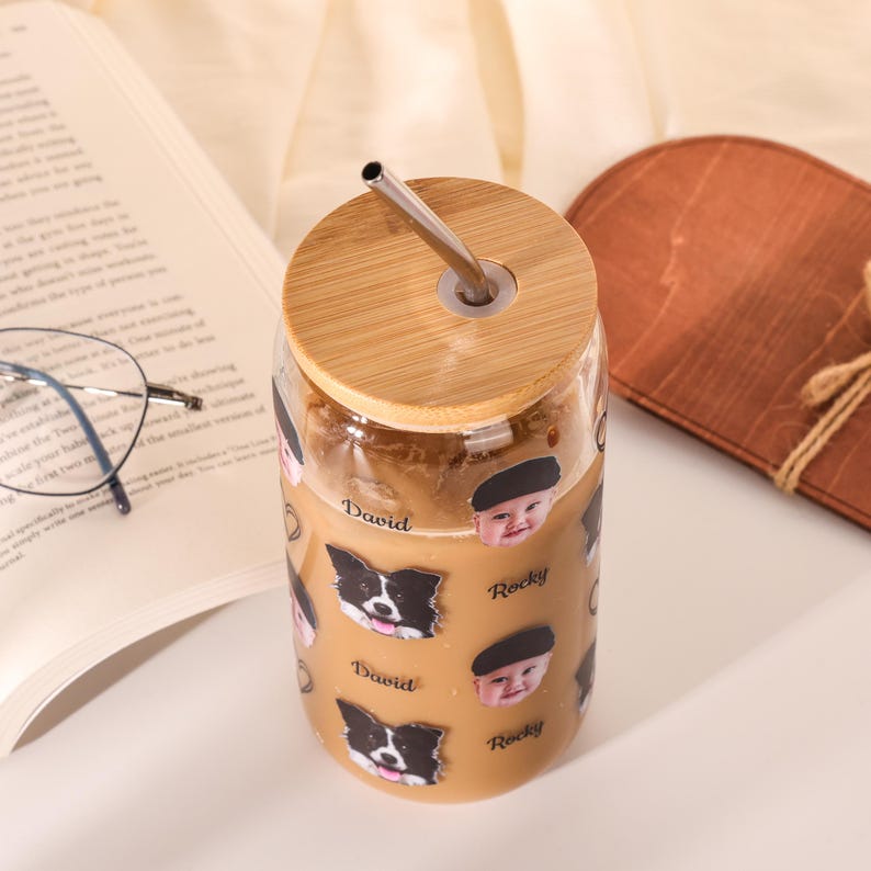 Custom Pet Portrait Glass Cup with Bamboo Lid, Personalized Dog Face Glass Can with Straw, Custom 16oz Iced Coffee Glass Tumbler with Photo
