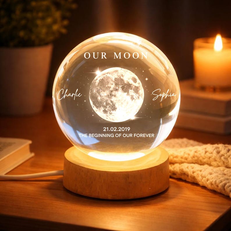 Our Moon Personalized Crystal Ball LED Night Light, Custom Names & Date Moon Lamp, Anniversary Wedding Valentine Gift for Couple