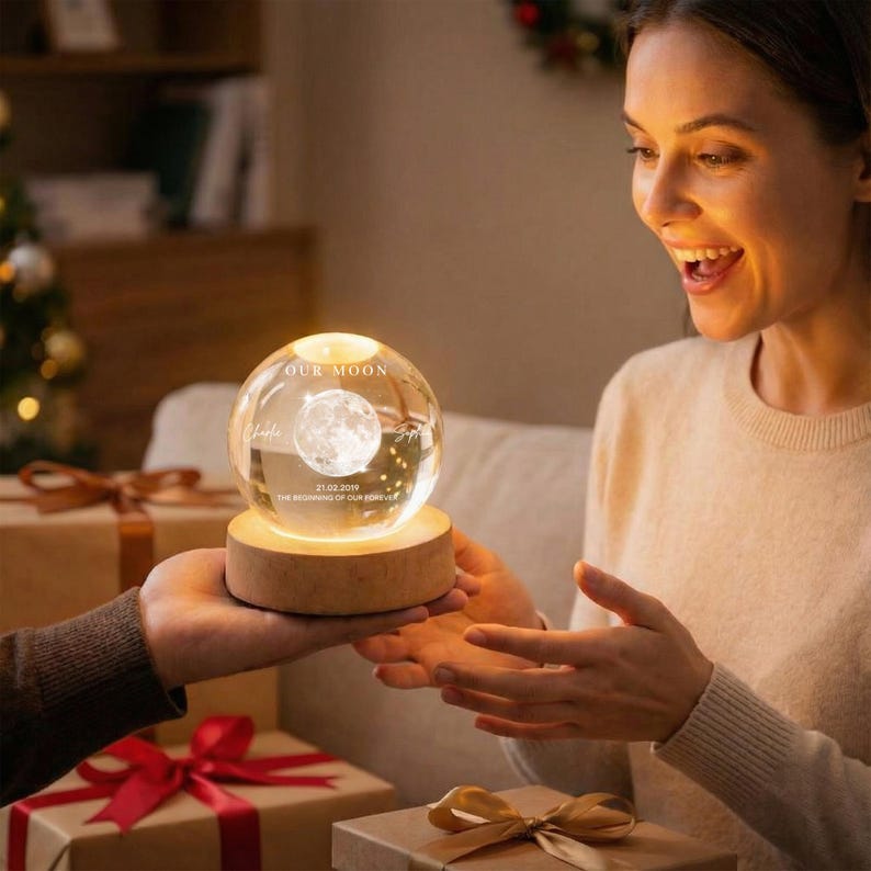 Our Moon Personalized Crystal Ball LED Night Light, Custom Names & Date Moon Lamp, Anniversary Wedding Valentine Gift for Couple