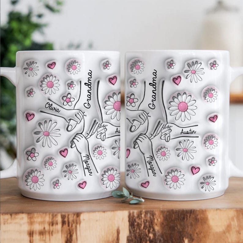 Personalized Grandma Mug, Holding Hands Floral Design, Mother's Day Gift