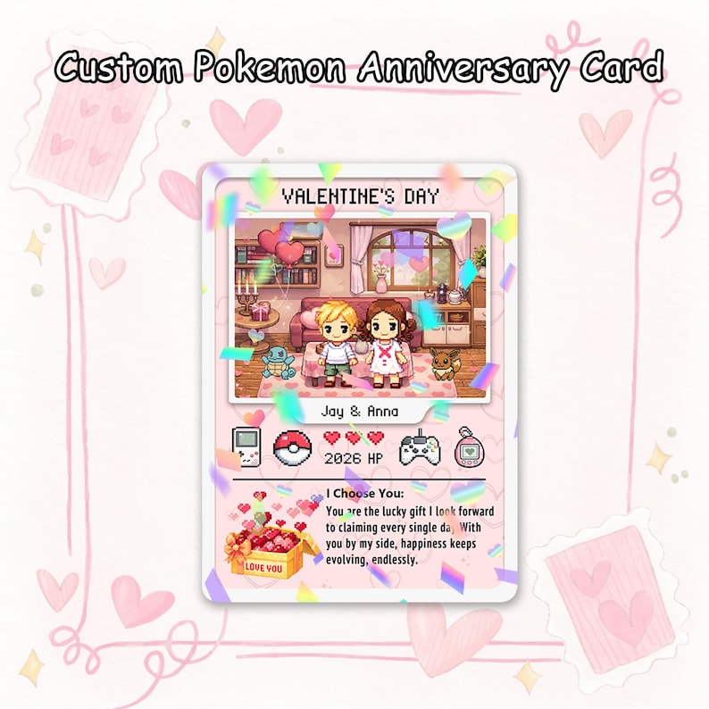 Custom Pkm Anniversary Card, Hand Painted Valentine Card, Gift for Boyfriend