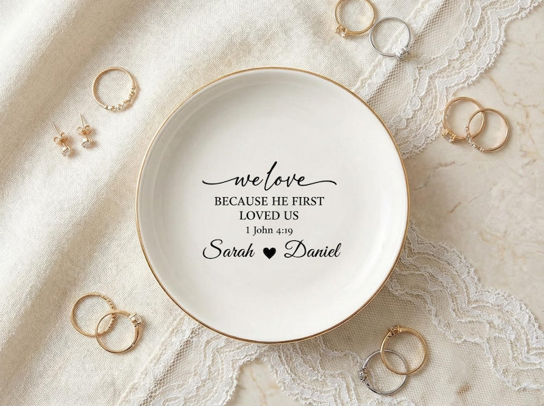 Personalized Engagement Ring Dish, Custom Ceramic Bible Jewelry Tray, Christian Wedding Gift for Couple, Bedroom Decor for Everyday Use