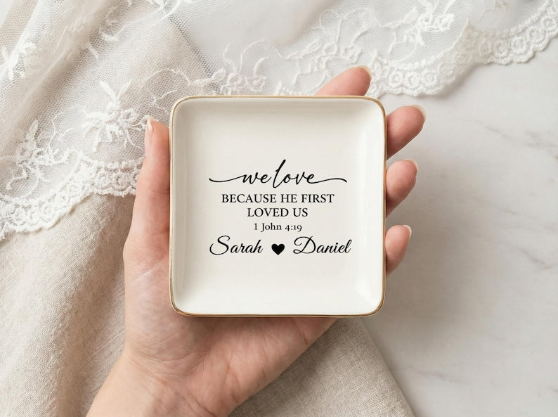 Personalized Engagement Ring Dish, Custom Ceramic Bible Jewelry Tray, Christian Wedding Gift for Couple, Bedroom Decor for Everyday Use