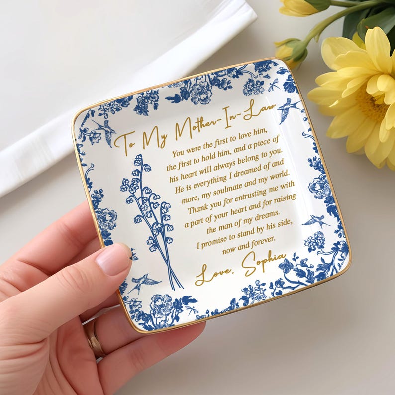 Personalized Mother-in-Law Gift for Mother of the Groom Wedding Ring Dish,Toile De Jouy Mom Gift from Bride,To My Mother in Law Wedding Gift