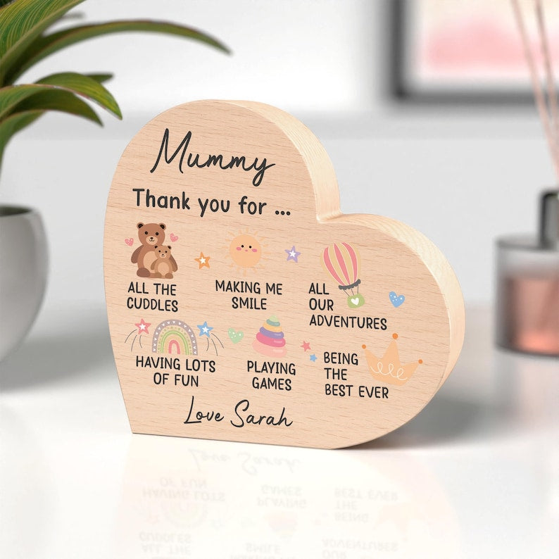 Mummy Gifts From Baby Son Daughter; Personalised Wood Heart Custom Gift For New Mom Happy 1st Mother's Day