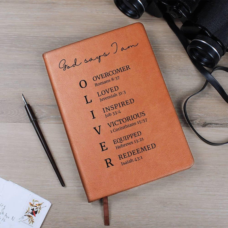 Christian Leather Journal Men, Custom Name Notebook, God Says I Am Scripture, Prayer Log, Faith Gift for Husband Father Son, Birthday, Study