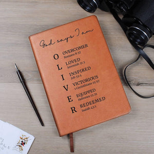 Christian Leather Journal Men, Custom Name Notebook, God Says I Am Scripture, Prayer Log, Faith Gift for Husband Father Son, Birthday, Study