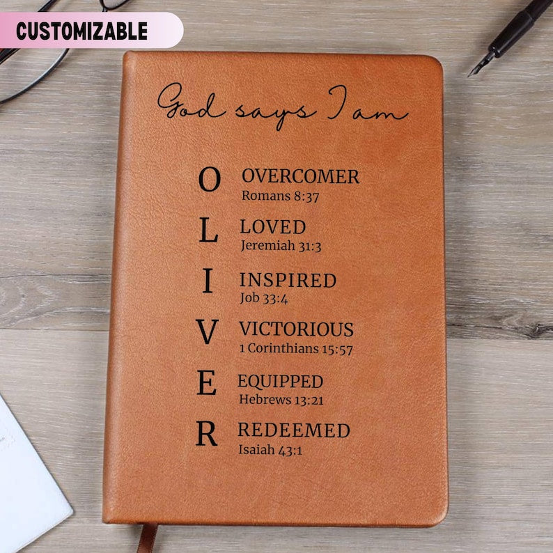 Christian Leather Journal Men, Custom Name Notebook, God Says I Am Scripture, Prayer Log, Faith Gift for Husband Father Son, Birthday, Study