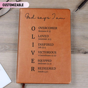 Christian Leather Journal Men, Custom Name Notebook, God Says I Am Scripture, Prayer Log, Faith Gift for Husband Father Son, Birthday, Study