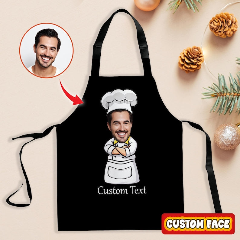 Custom Face Chef Apron, Funny Cartoon Kitchen Gift for Dad Mom Cook, Christmas Gift for Home Chef, BBQ, Baking Lover