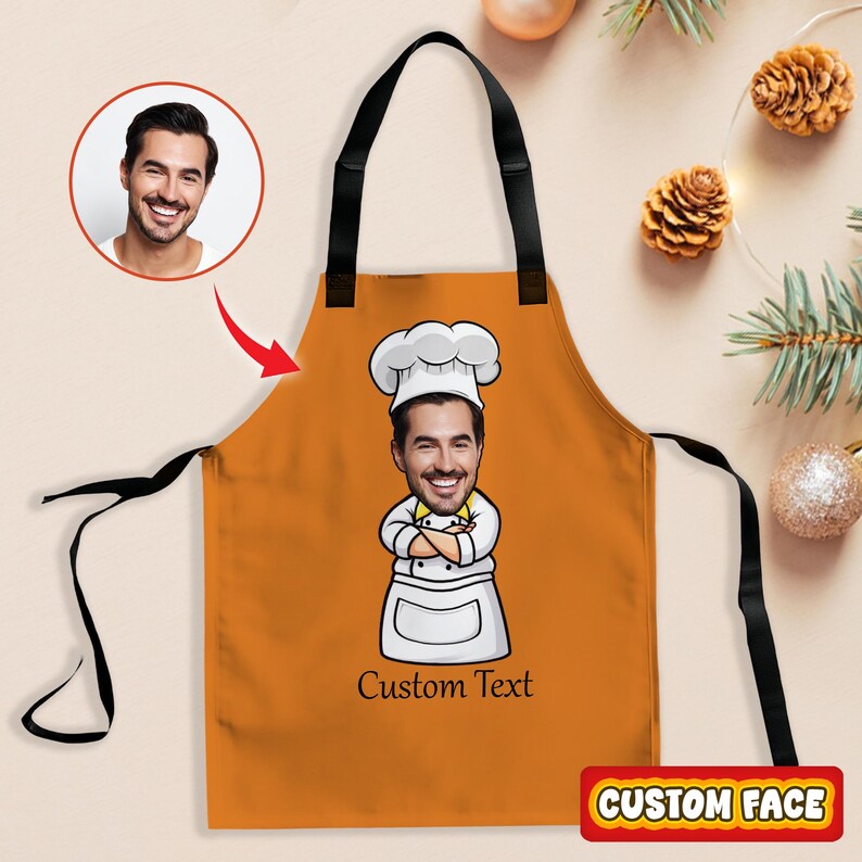 Custom Face Chef Apron, Funny Cartoon Kitchen Gift for Dad Mom Cook, Christmas Gift for Home Chef, BBQ, Baking Lover