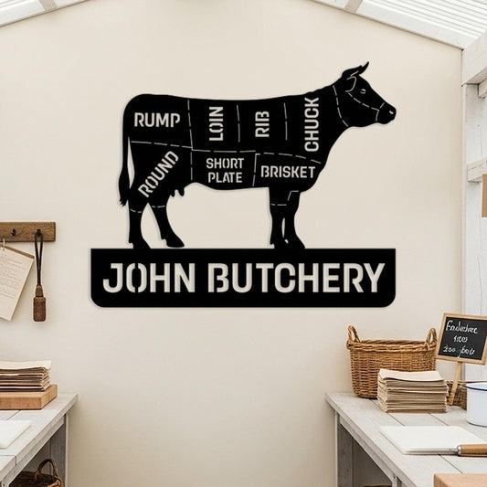 Custom Butcher Shop Metal Sign, Personalized Meat Cut Diagram Wall Art, Kitchen Wall Decor, Large Butchery Name Sign, Gift for Butcher