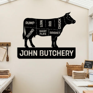Custom Butcher Shop Metal Sign, Personalized Meat Cut Diagram Wall Art, Kitchen Wall Decor, Large Butchery Name Sign, Gift for Butcher