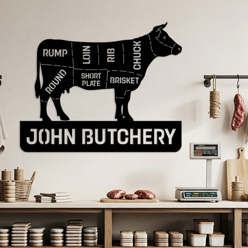 Custom Butcher Shop Metal Sign, Personalized Meat Cut Diagram Wall Art, Kitchen Wall Decor, Large Butchery Name Sign, Gift for Butcher