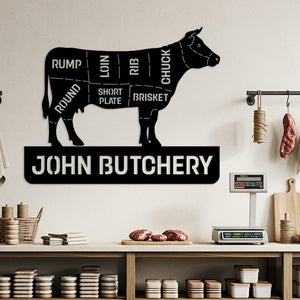 Custom Butcher Shop Metal Sign, Personalized Meat Cut Diagram Wall Art, Kitchen Wall Decor, Large Butchery Name Sign, Gift for Butcher