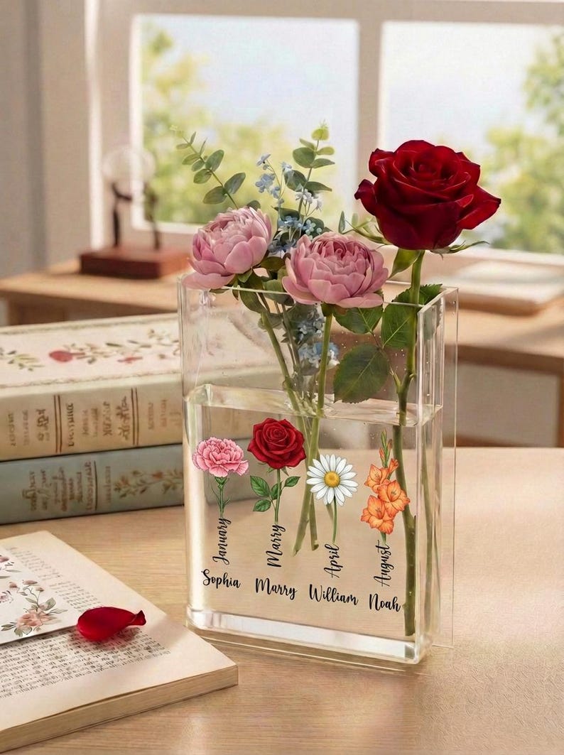 Birth Flower Grandma's Garden Personalized Book Vase, Mother's Day Gift 2026, Gift For Mom, Gift For Grandma
