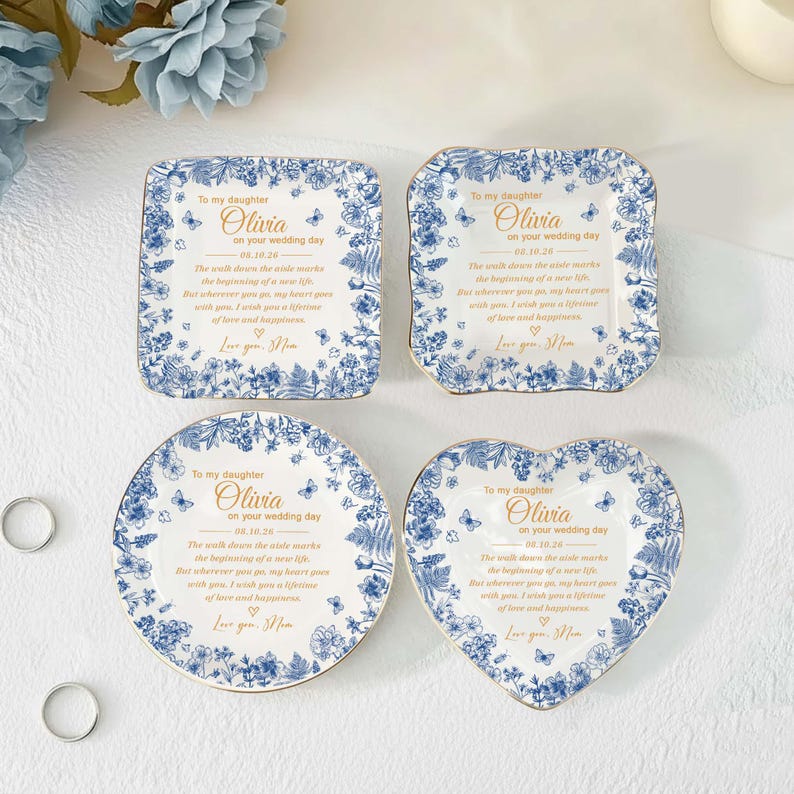 Personalized To My Daughter On Wedding Day Ring Dish, Wedding Gift for Bride, Toile De Jouy Trinket Tray, Gift For Daughter on Wedding Day