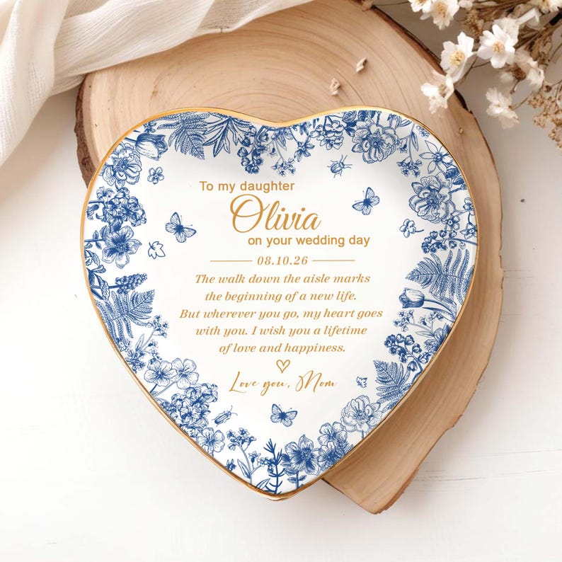 Personalized To My Daughter On Wedding Day Ring Dish, Wedding Gift for Bride, Toile De Jouy Trinket Tray, Gift For Daughter on Wedding Day