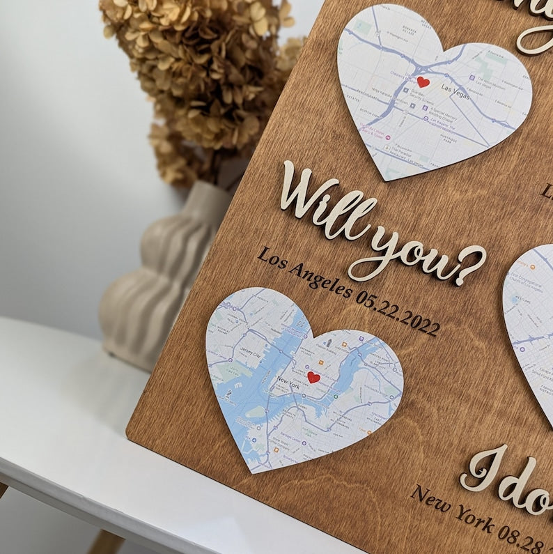 Hello Will You I Do Map Frame: Where We Met Gift, 5th Anniversary Wood Plaque