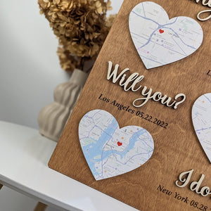Hello Will You I Do Map Frame: Where We Met Gift, 5th Anniversary Wood Plaque