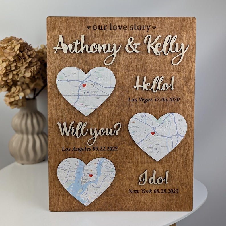 Hello Will You I Do Map Frame: Where We Met Gift, 5th Anniversary Wood Plaque