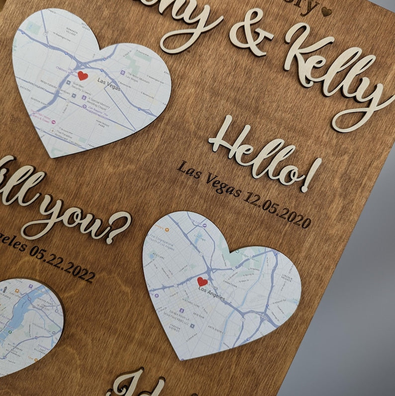 Hello Will You I Do Map Frame: Where We Met Gift, 5th Anniversary Wood Plaque