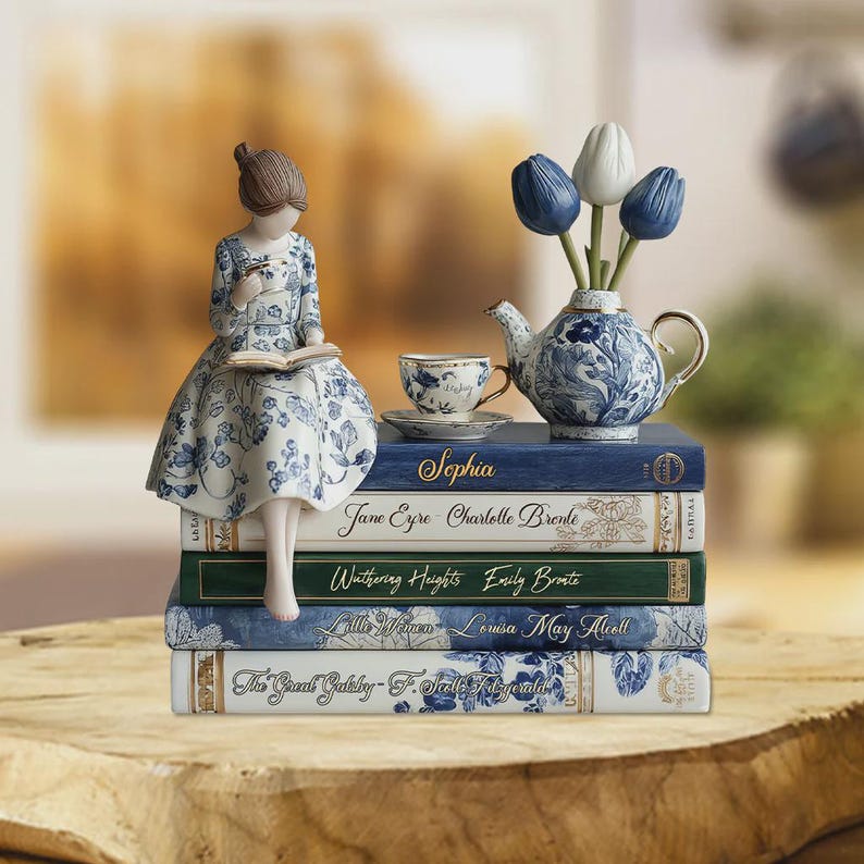 Personalized Book Shaped Acrylic Plaque, Custom Name Book Reading Girl Plaque, Book Home Decor Statue, Gift For Book Lover