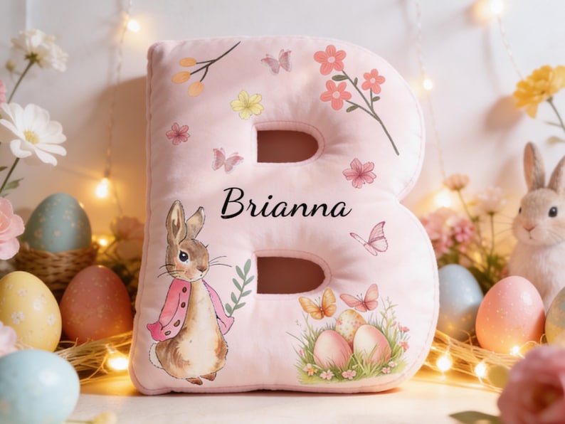 Personalized Easter Bunny Pillow,Custom Letter Shaped Decor,Spring Home Decoration,Kids Easter Gift