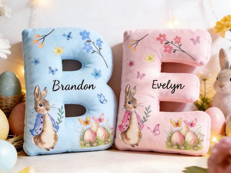 Personalized Easter Bunny Pillow,Custom Letter Shaped Decor,Spring Home Decoration,Kids Easter Gift