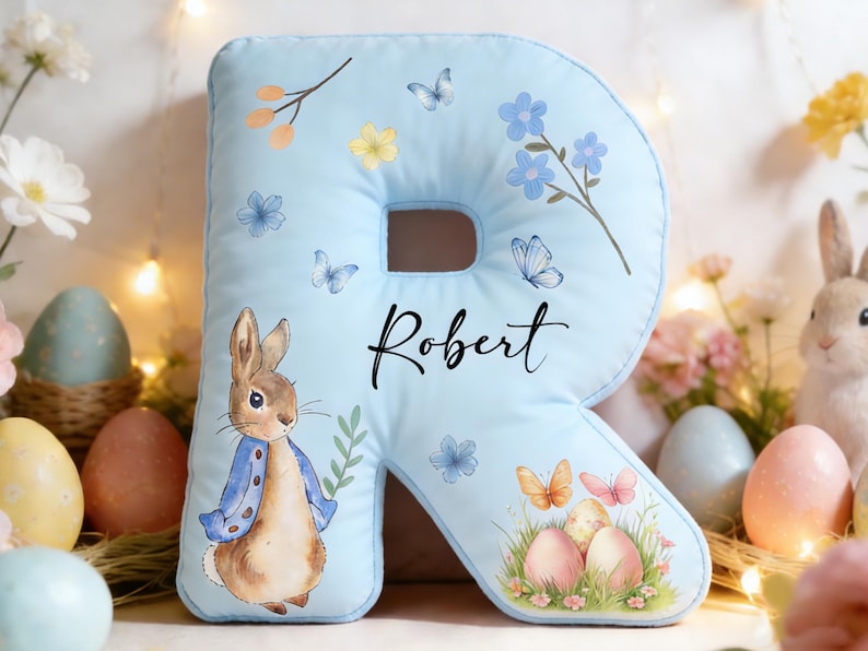 Personalized Easter Bunny Pillow,Custom Letter Shaped Decor,Spring Home Decoration,Kids Easter Gift