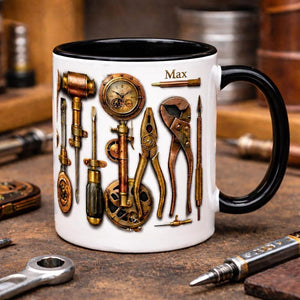 Personalized Tool Mug, Mechanic Coffee Mug, Handyman Gift, Custom Name Workshop Mug, DIY Tools Illustration Cup