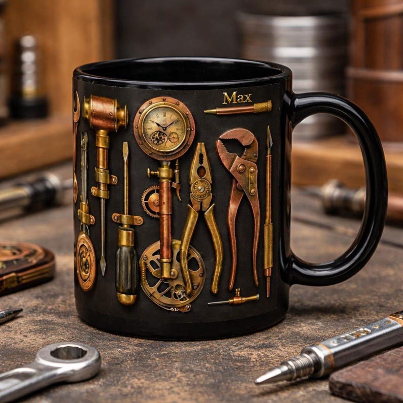 Personalized Tool Mug, Mechanic Coffee Mug, Handyman Gift, Custom Name Workshop Mug, DIY Tools Illustration Cup