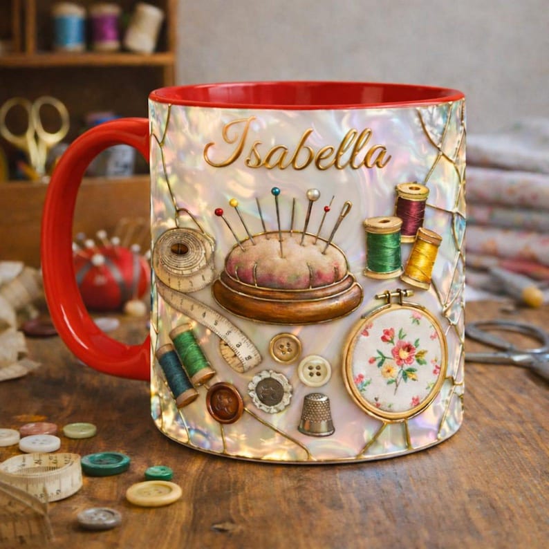 Personalized Sewing Mug, Custom Name Craft Coffee Cup, Quilting & Sewing Tools Design, Cozy Handmade Aesthetic, Gift for Sewers